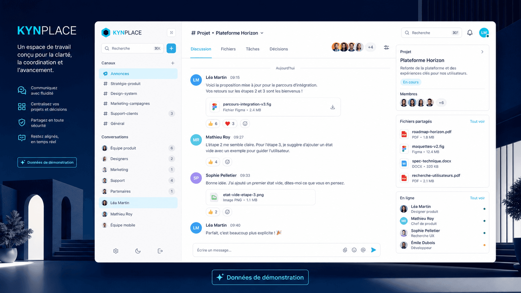 Interface conceptuelle KYNPLACE utilisant une équipe et un projet fictifs